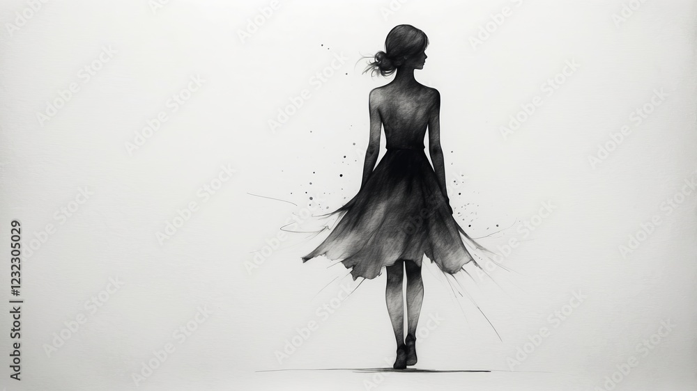 Watercolor black and white silhouette of a woman in a flowing dress