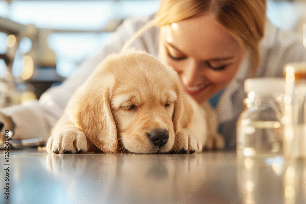 A veterinarian examining a puppy in a well-equipped clinic, smiling warmly at the animal A veterinarian examining a puppy in a well-equipped clinic, smiling warmly at the animal