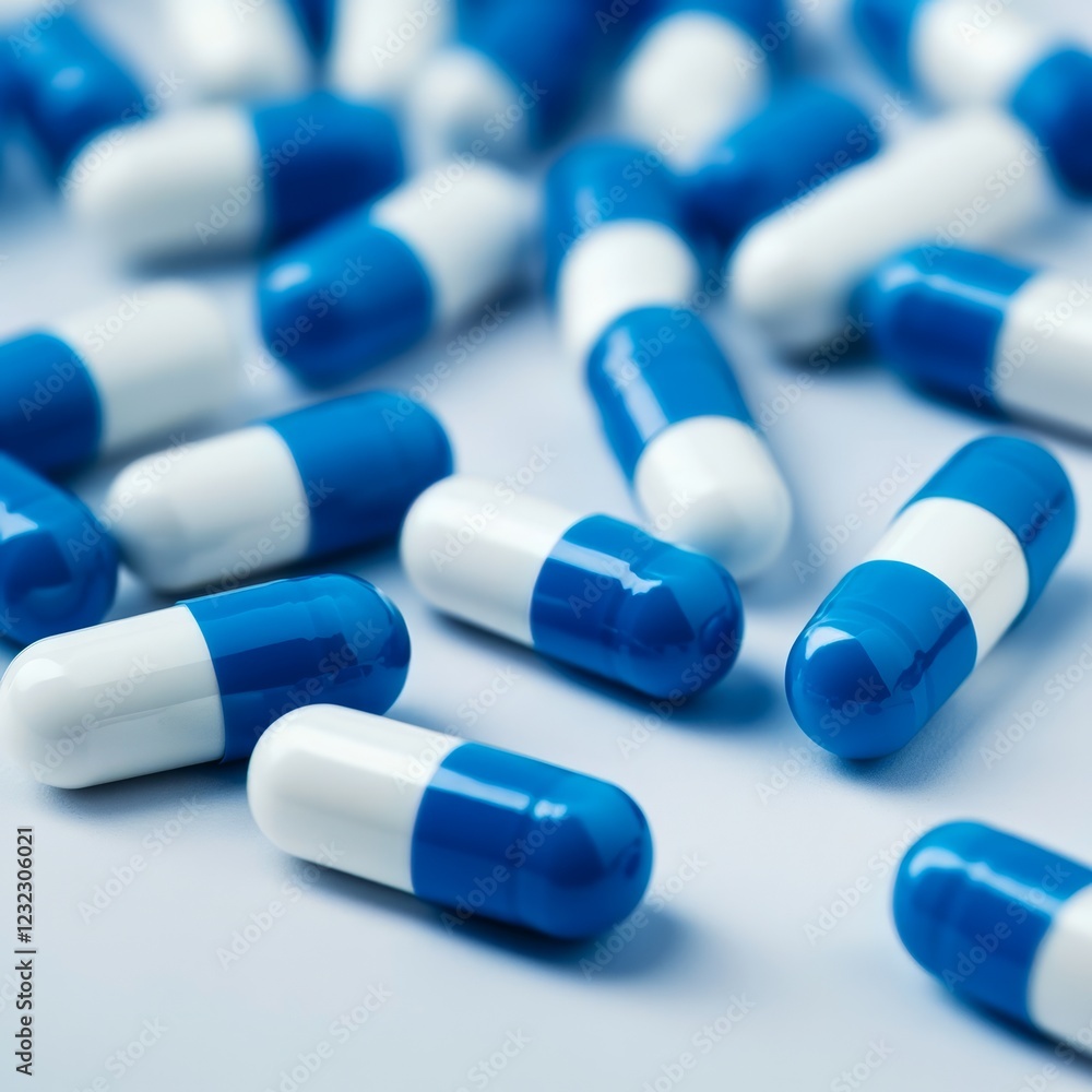 Close-up of scattered blue and white capsules on a light blue surface. Close-up of scattered blue and white capsules on a light blue surface.