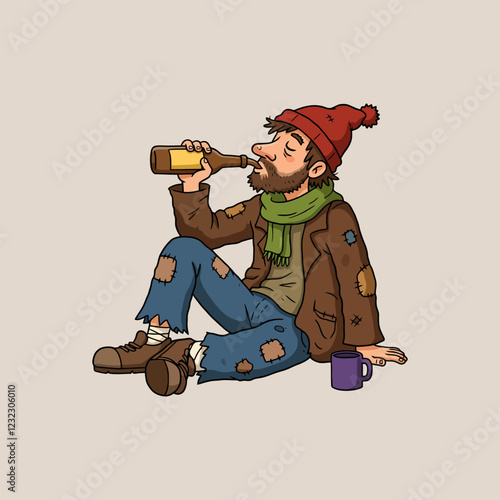 Homeless Man Drinking Beer A Somber Cartoon Illustration