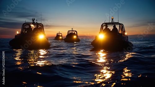 A group of boats with lights on them in the ocean at night, engaged in a search and rescue operation