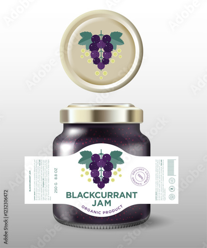 Black Currant Jam label and packaging. Glass jar mockup with golden lid and label.