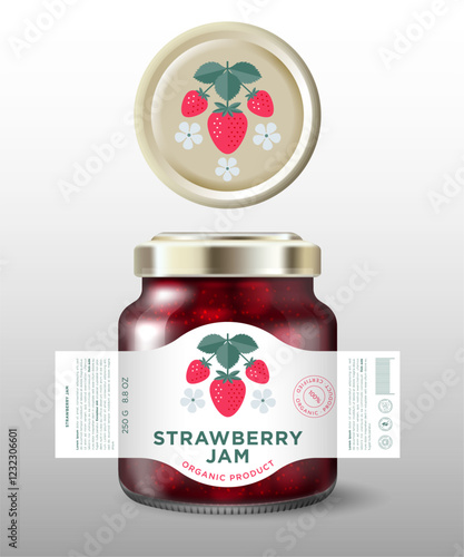 Strawberry Jam label and packaging. Glass jar mockup with golden lid and label.