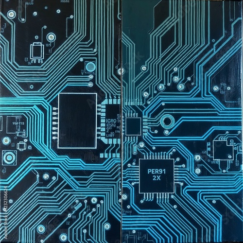 Electronic circuit board with glowing blue pathways
