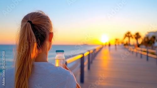 Evening tranquility with refreshing water after outdoor training photo