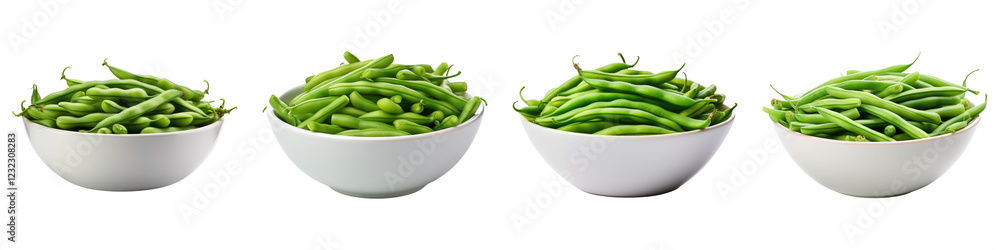 Green beans in bowl isolated on transparent background, PNG, Set of Green beans in bowl isolated on transparent background, PNG, Set of