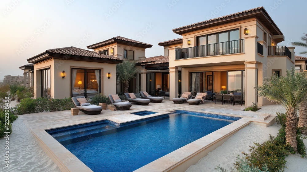 Fototapeta premium Desert villa poolside luxury, sunset view