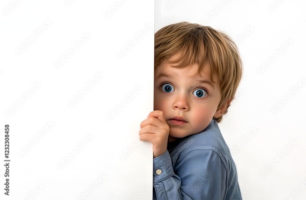 A curious young boy peeking out from behind a white wall with a surprised and inquisitive expression, his bright blue eyes gleaming with wonder and anticipation.