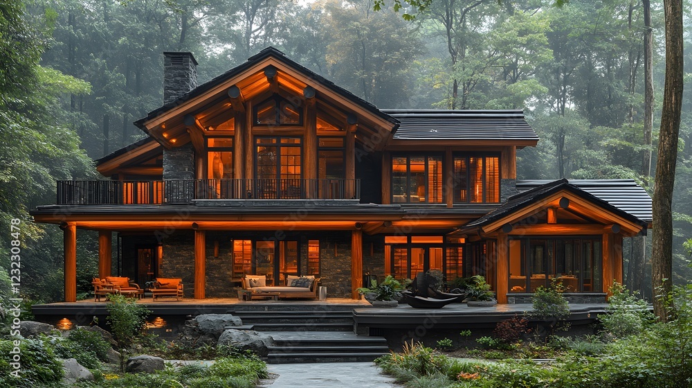 Classic wooden home elevated on sturdy pillars, featuring an open lower space, full balcony wraparound, surrounded by tall trees