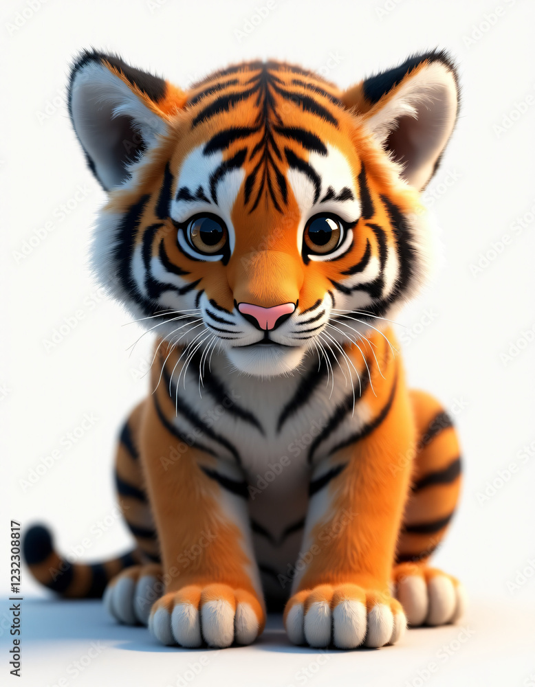 Obraz premium Happy Stylized Tiger with Stripes, Adorable 3D Wild Cat Illustration 