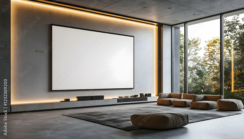 Fototapeta premium 3D Illustration Modern Living Room Interior Design with Blank Canvas, Concrete Walls, and Nature View