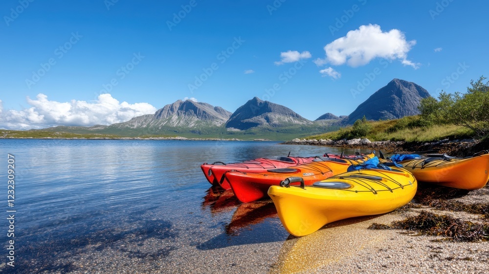 Brightly colored kayaks await adventurers on a tranquil bay Brightly colored kayaks await adventurers on a tranquil bay