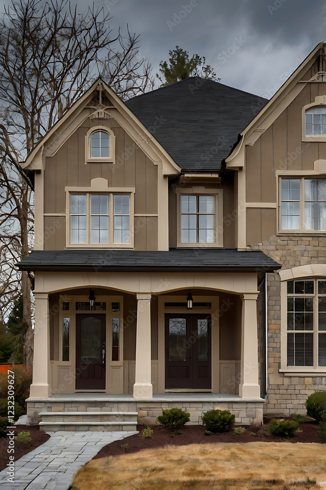 Obraz premium Luxury House Exterior: Modern Home Design with Classic Architecture. Beautiful Facade, Stonework, and Porch. Dream Home in Suburb.