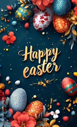 Decorated easter eggs with flowers and leaves celebrating easter with a happy easter message