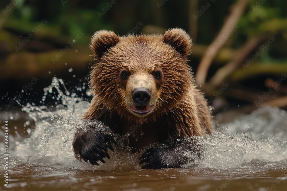 Brown bear splashing in river during afternoon in dense forest habitat enjoying natural surroundings Brown bear splashing in river during afternoon in dense forest habitat enjoying natural surroundings