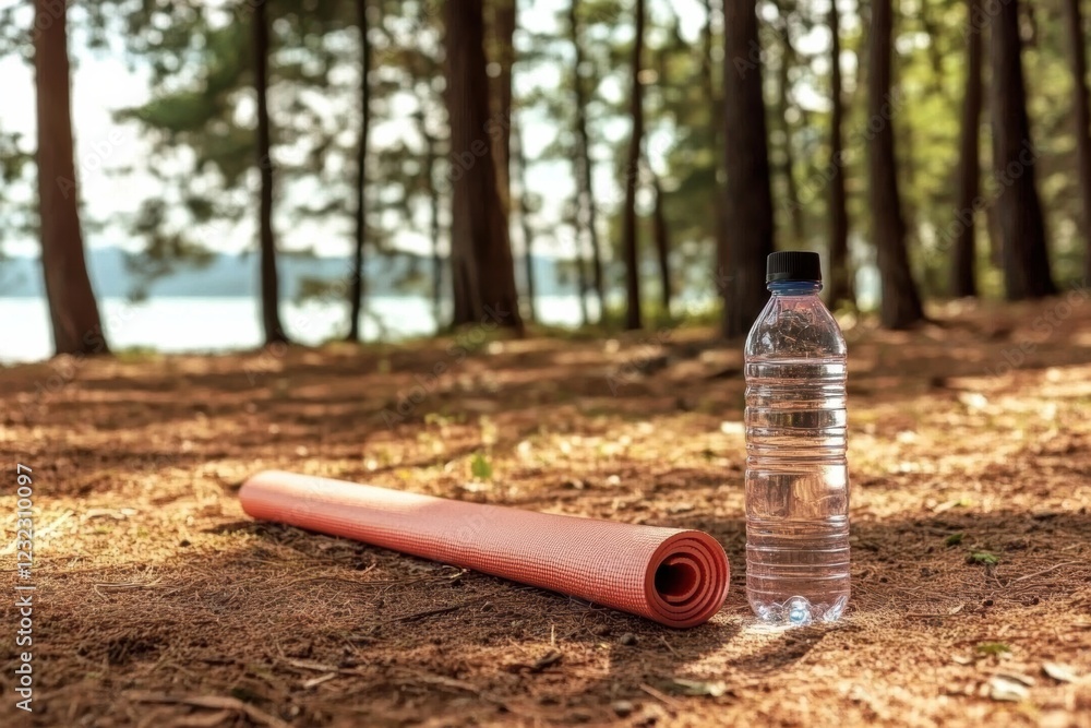 Naklejka premium Yoga Mat and Water Bottle in a Forest Setting