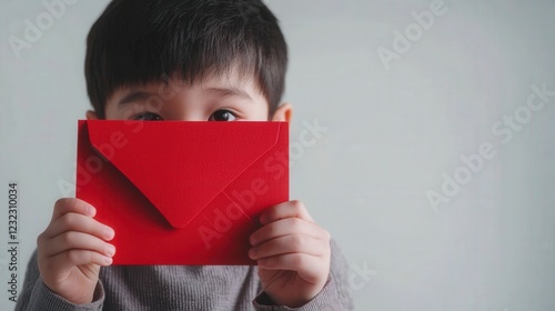 Child Holding Lucky Red Envelope for Chinese New Year Celebration
