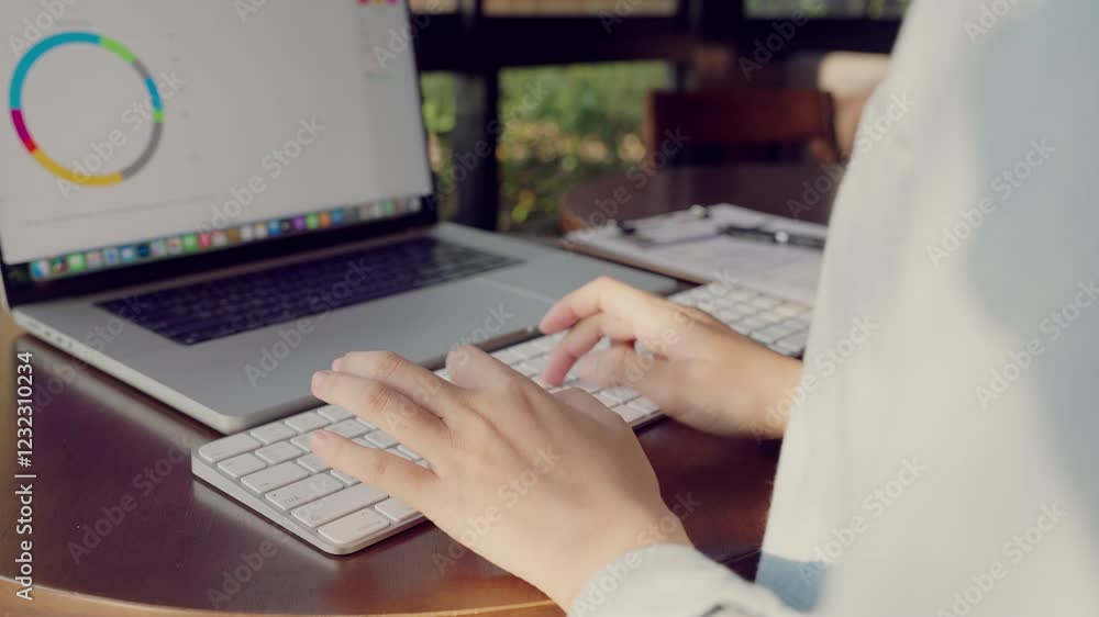 A person is typing on a laptop computer. The laptop is open to a graph on the screen. The person is using a keyboard to type A person is typing on a laptop computer. The laptop is open to a graph on the screen. The person is using a keyboard to type