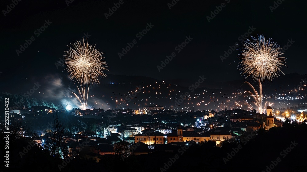 Vibrant Cityscape at Night Displaying Fireworks for New Year's Celebration Vibrant Cityscape at Night Displaying Fireworks for New Year's Celebration