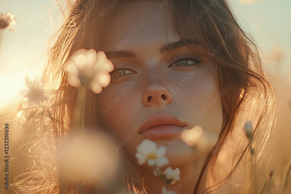 Fototapeta premium Woman with serene expression surrounded by blooming flowers in a golden field during sunset