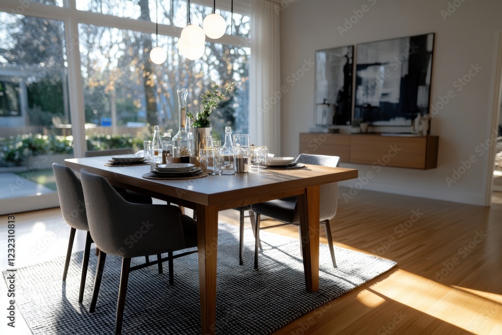 A bright dining room featuring a stylish table and thoughtful decor creates the perfect ambiance for gatherings, bathed in warm light and tranquility. A bright dining room featuring a stylish table and thoughtful decor creates the perfect ambiance for gatherings, bathed in warm light and tranquility.