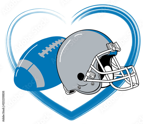 love - Heart white ball and player helmet - Metallic silver and Honolulu blue football, sport vector graphics,, for street art - graffiti lettering typography - art illustration - writen	

