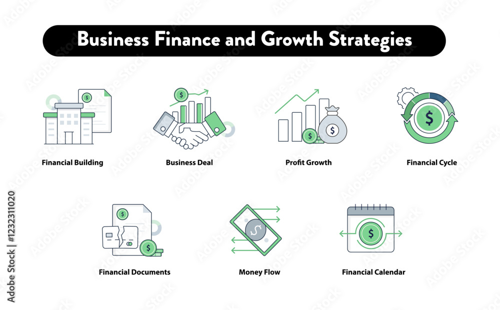 Obraz premium Business Finance and Growth Strategies. Financial Building with Document, Business Deal with Growth Chart, Profit Growth, Financial Cycle with Gear, Financial Documents, Money Flow, Financial Calendar