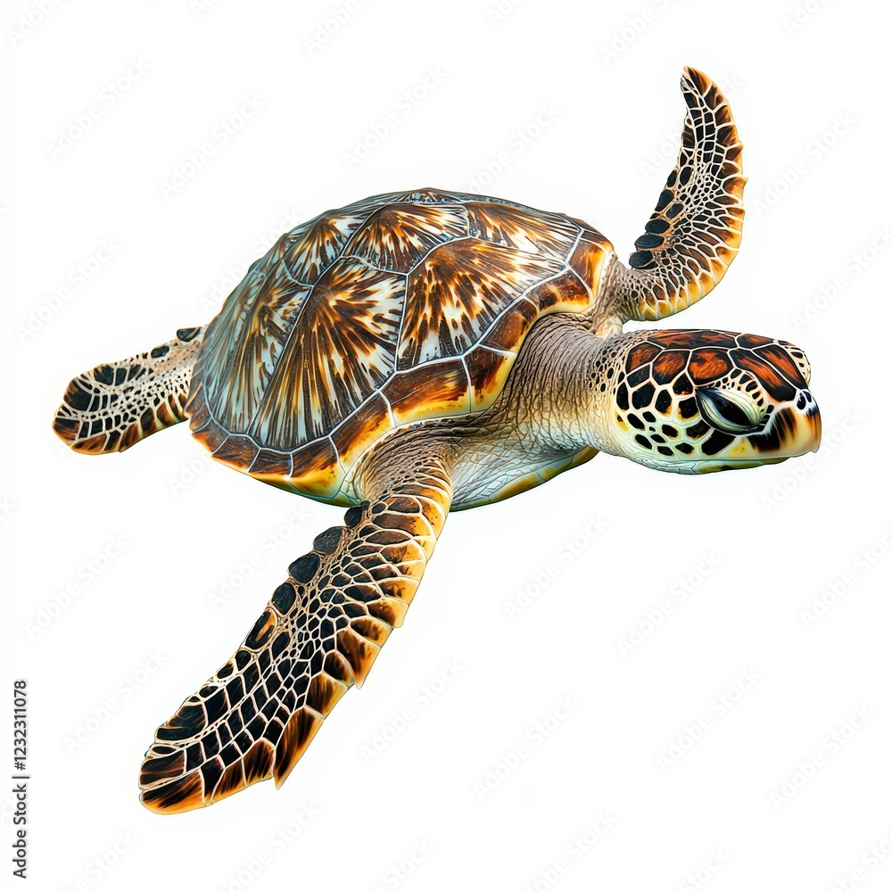 Fototapeta premium A Hawksbill sea turtle gracefully swimming, symbolizing ocean conservation and marine life. Ideal for environmental awareness campaigns and wildlife documentaries.