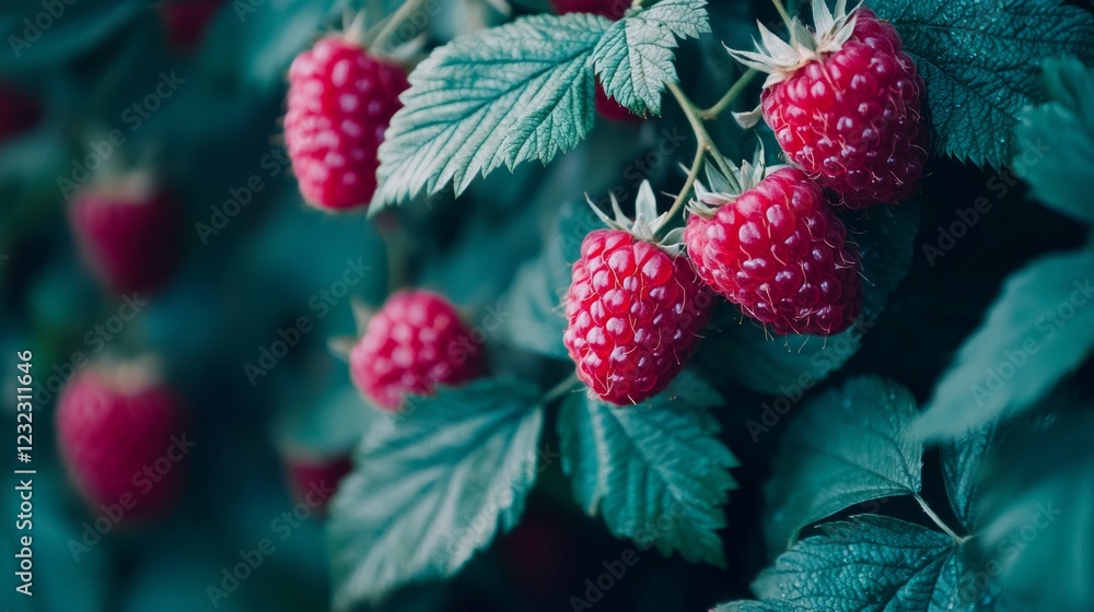 Close-up of ripe raspberries on green leaves Close-up of ripe raspberries on green leaves