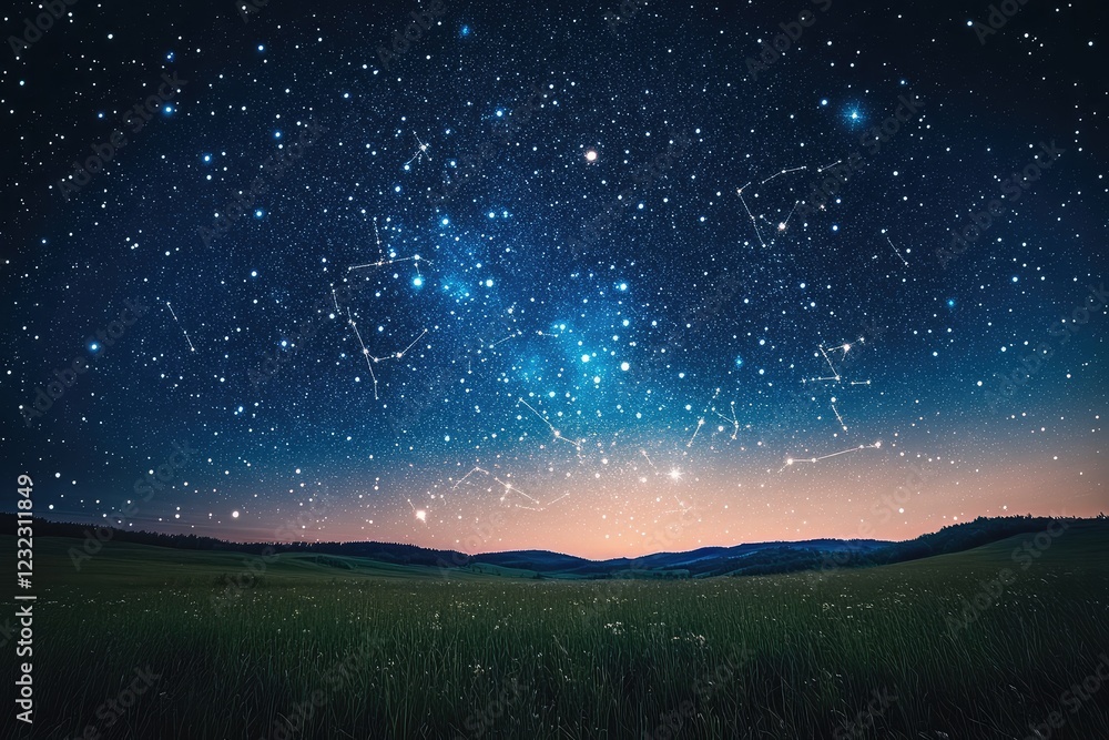 Stars forming a celestial map over a tranquil meadow, the constellations appearing as if drawn by a cosmic hand in the night sky. Stars forming a celestial map over a tranquil meadow, the constellations appearing as if drawn by a cosmic hand in the night sky.