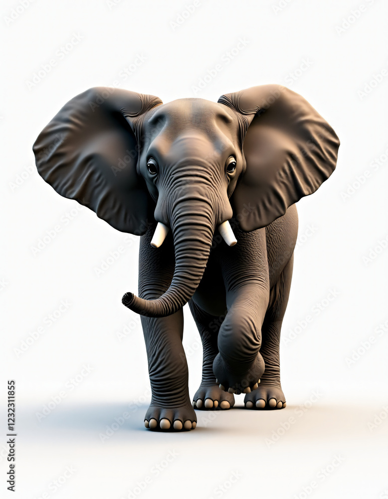 Obraz premium Cute 3D Cartoon Elephant with Big Ears, Friendly Wild Animal on White Background 