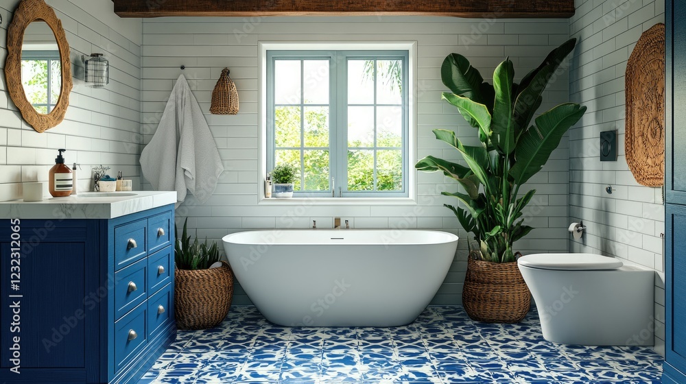 Fototapeta premium Modern bathroom with a white freestanding bathtub, blue cabinets, and patterned tile floor.
