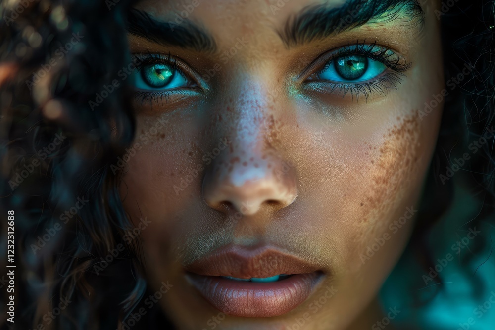 Close up beauty portrait highlighting captivating light blue eyes, freckles, and curly hair of a fashion model Close up beauty portrait highlighting captivating light blue eyes, freckles, and curly hair of a fashion model