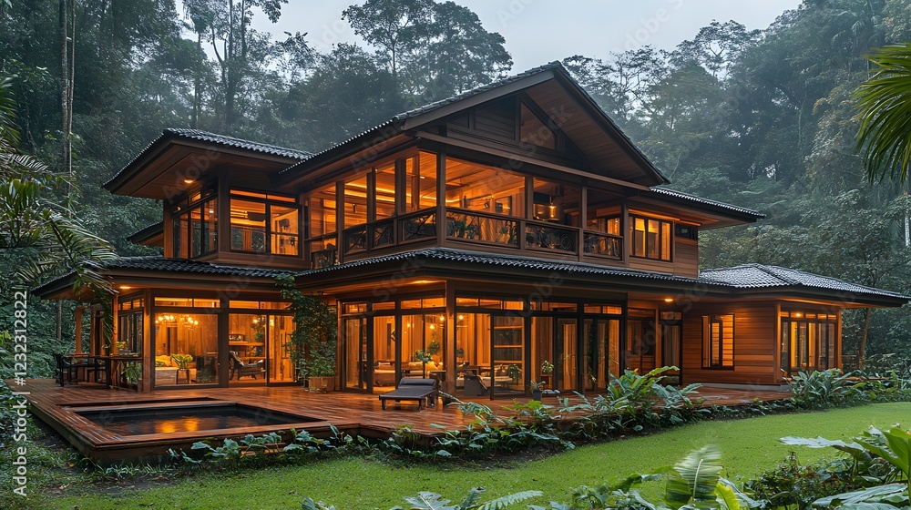 Stylish wooden home with raised stilts, complete wraparound balcony, inviting open lower section, situated in a quiet nature retreat