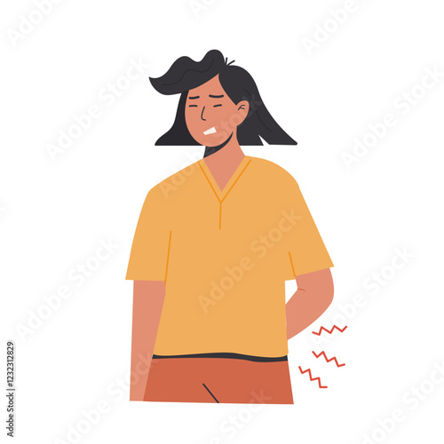 Young woman suffering from lower back pain while holding her side in discomfort, showing signs of muscle strain, posture issues, and physical discomfort related to spine health. Flat style vector.
