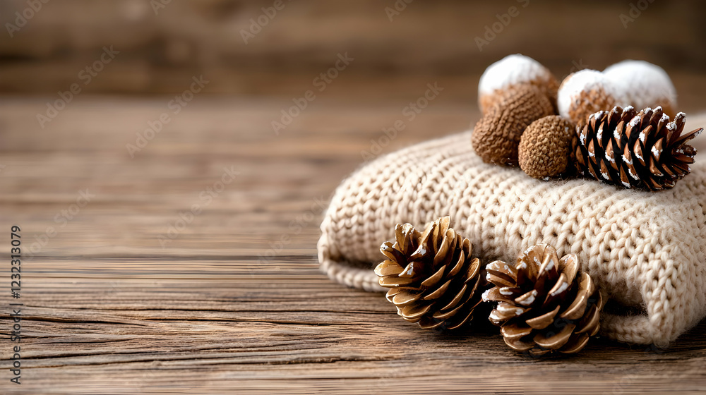 Cozy winter sweater with pine cones on wood. Holiday season decoration Cozy winter sweater with pine cones on wood. Holiday season decoration