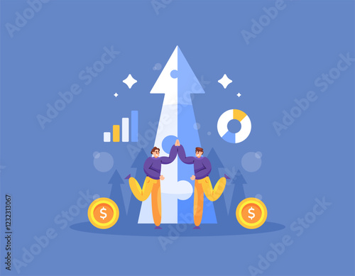 Merger and Acquisition concept. merging or taking over companies. illustration of two businessmen merging or forming a new business to improve performance. profit, economy and finance. graph. flat