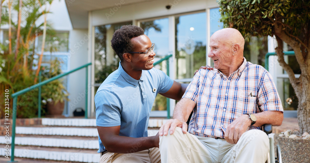 Fototapeta premium Nurse, smile and healthcare with old man in wheelchair for rehabilitation, osteoarthritis and physiotherapy. Medical, retirement and caregiver with person with a disability for trust and elderly care