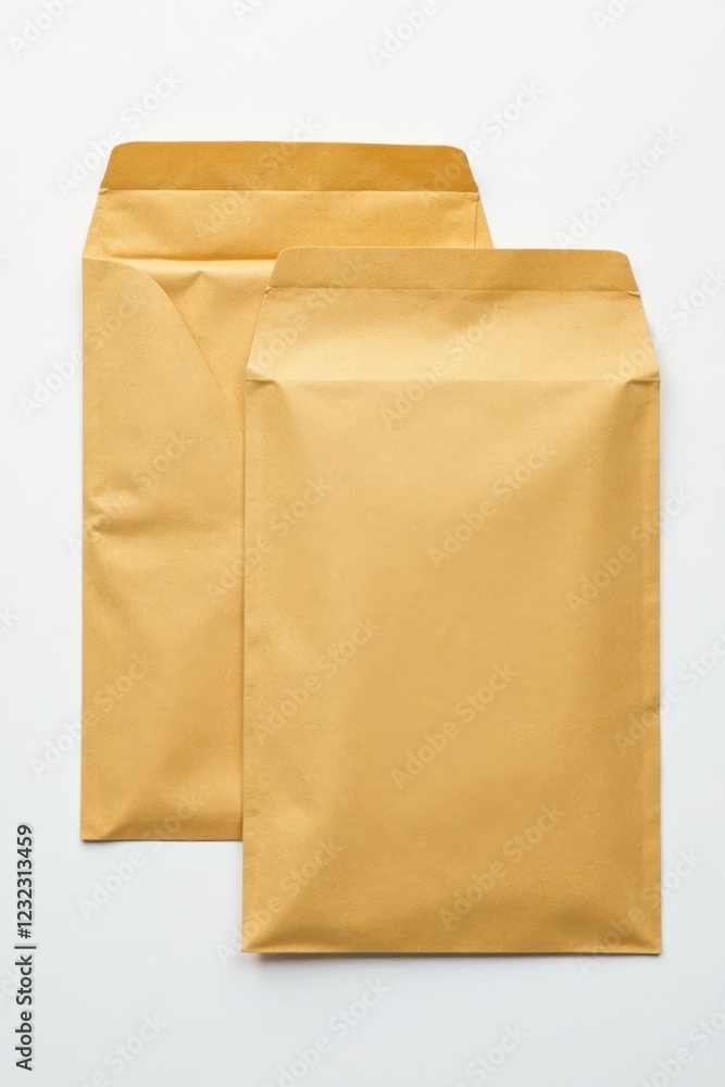 Two brown craft envelopes, one showing front, one back, on white backdrop , close-up, unopened Two brown craft envelopes, one showing front, one back, on white backdrop , close-up, unopened