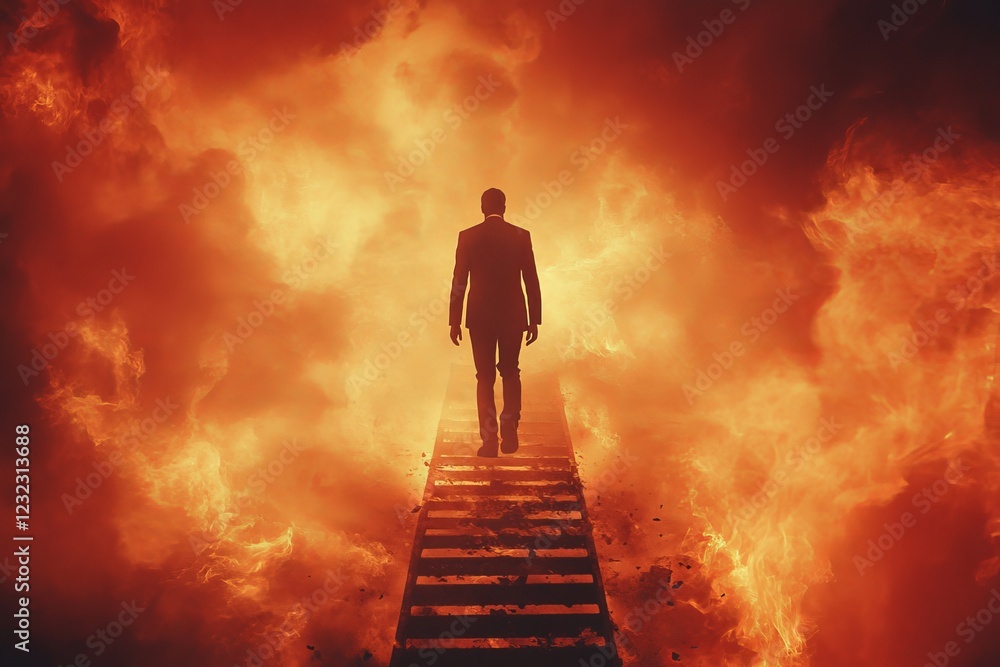 Man walking towards fiery landscape on a narrow path amidst flames and smoke, evoking themes of danger and determination Man walking towards fiery landscape on a narrow path amidst flames and smoke, evoking themes of danger and determination