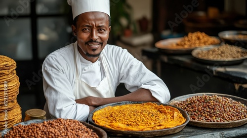 Ethiopian chef showcases traditional injera with doro wat and lentils on gray background photo