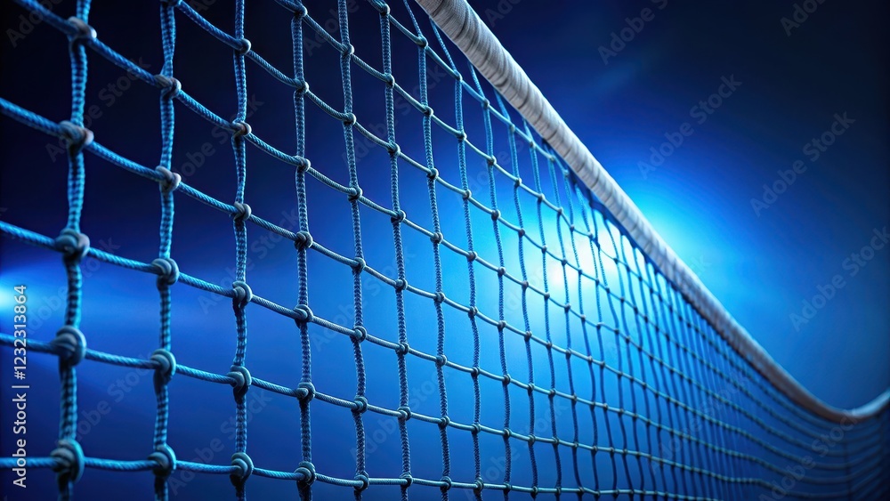 High detail image of blue volleyball net on a dark blue background with intricate mesh and cord details, athletic arena, mesh patterns High detail image of blue volleyball net on a dark blue background with intricate mesh and cord details, athletic arena, mesh patterns