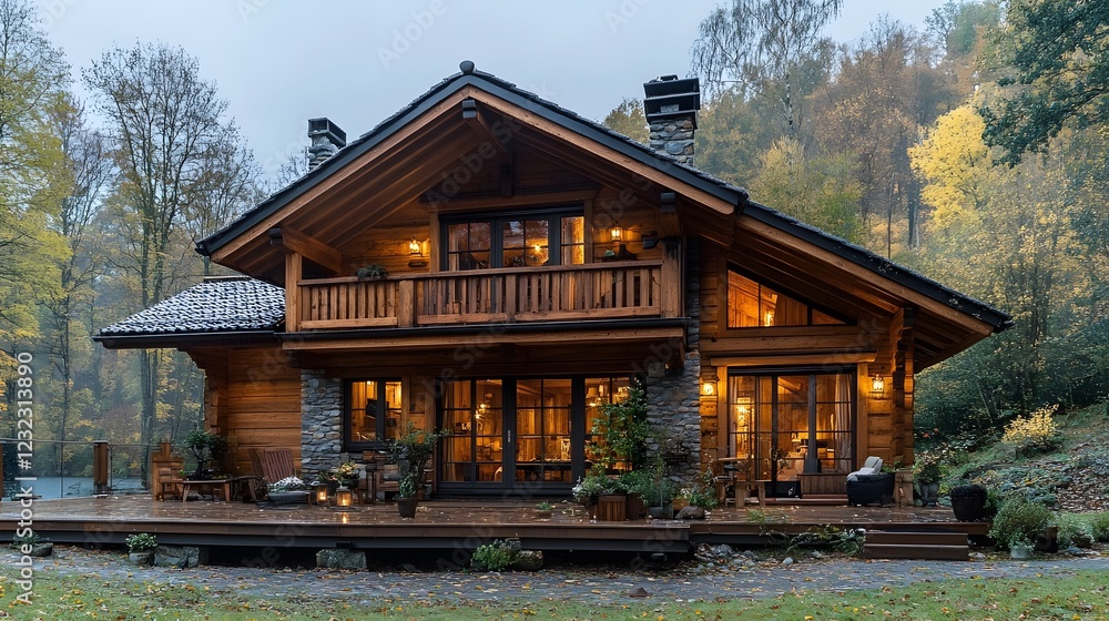 Elegant lodge-style wooden house, fully elevated with a spacious balcony, rustic wooden charm, overlooking a peaceful lake Elegant lodge-style wooden house, fully elevated with a spacious balcony, rustic wooden charm, overlooking a peaceful lake