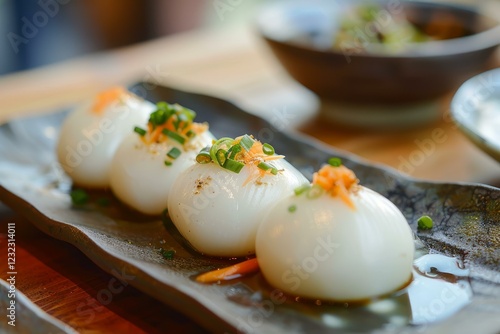 Delicious banh bt lc, steamed rice skin dumplings with shrimp and pork filling, seasoned with chopped scallions, shredded carrots, and fish sauce photo