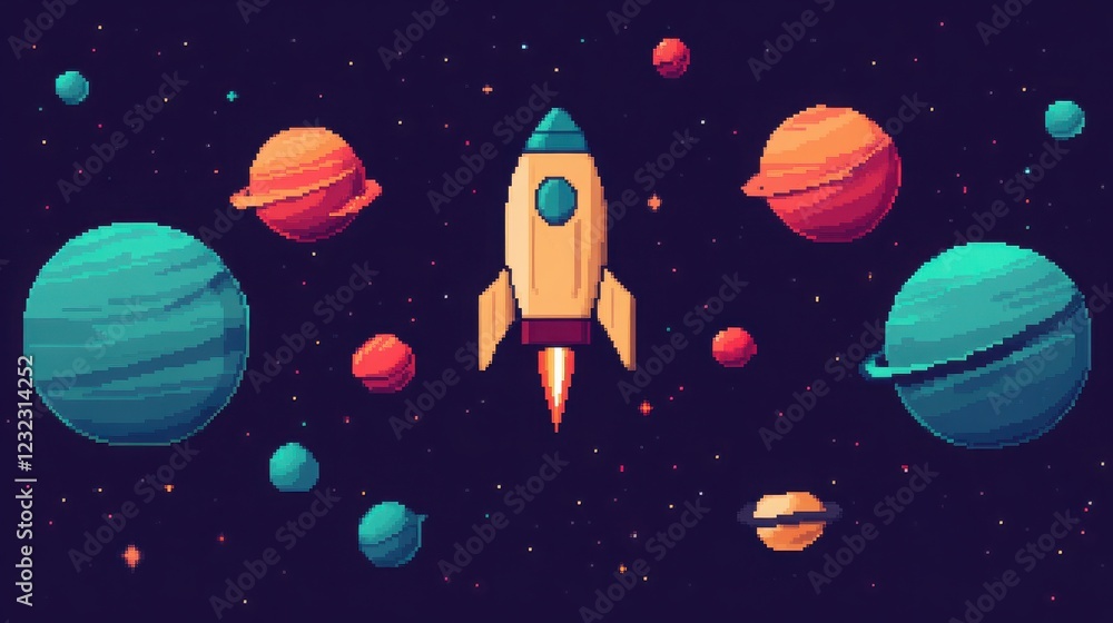Naklejka premium A vibrant pixel art depiction of a rocket soaring through space among colorful planets, evoking adventure and exploration.