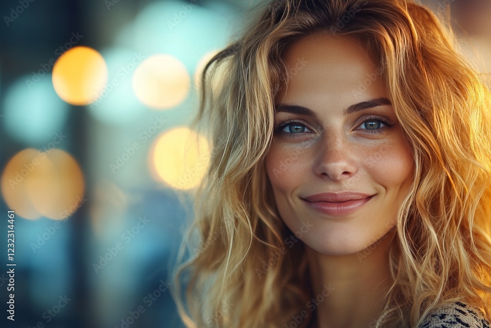 Smiling woman with wavy hair enjoying a bright atmosphere in a lively urban setting during the late afternoon Smiling woman with wavy hair enjoying a bright atmosphere in a lively urban setting during the late afternoon