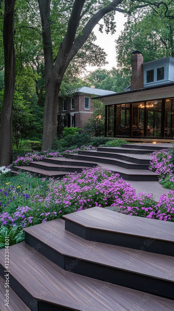 Fototapeta premium Modern home features grey siding and white trim, complemented by vibrant flowers in front yard on a bright sunny day.