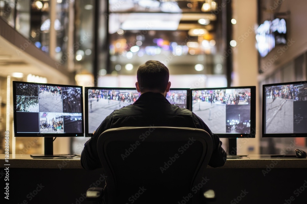 Man monitors multiple screens showing outdoor scenes. Man monitors multiple screens showing outdoor scenes.