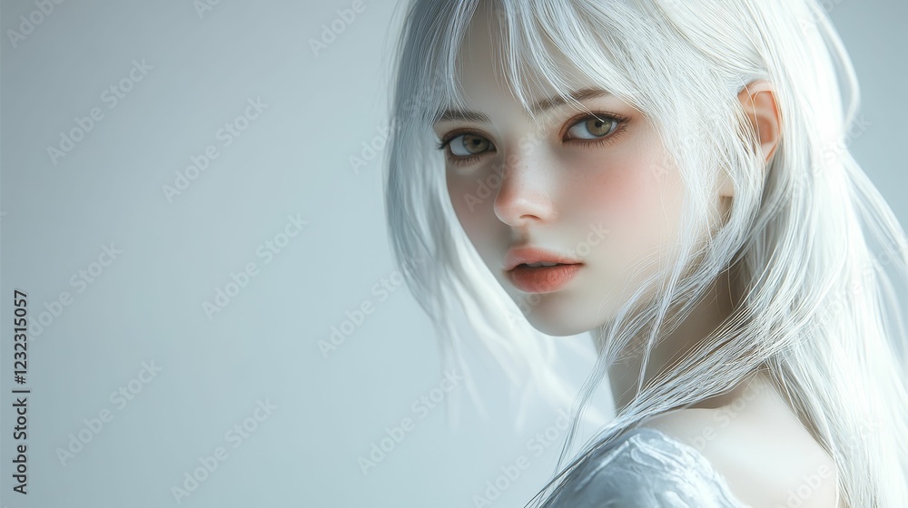 Pale person with flowing white hair facing camera. Pale person with flowing white hair facing camera.