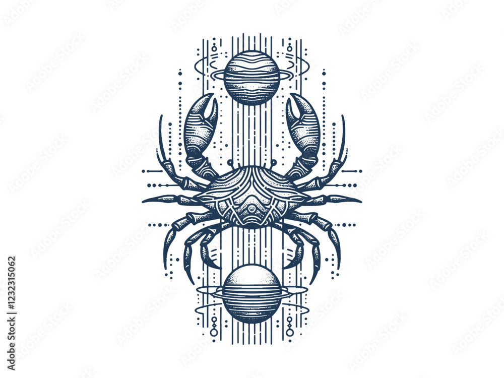 Obraz premium vertical alignment of Line art Cancer Zodiac Sign With celestial cosmic elements. Silhouette Sketch.